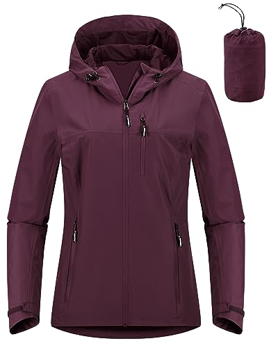 Outdoor Ventures Damen Regenjacke 10000MM Wasserdicht Leichte Gefüttert Packbar Sportjacke Funktionsjacke Atmungsaktiv Fahrrad Jacke mit Kapuze Burgunderrot 2XL von Outdoor Ventures