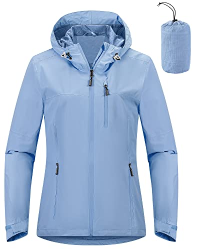 Outdoor Ventures Damen Regenjacke 10000MM Wasserdicht Leichte Gefüttert Packbar Sportjacke Funktionsjacke Atmungsaktiv Fahrrad Jacke mit Kapuze Hellblau 2XL von Outdoor Ventures