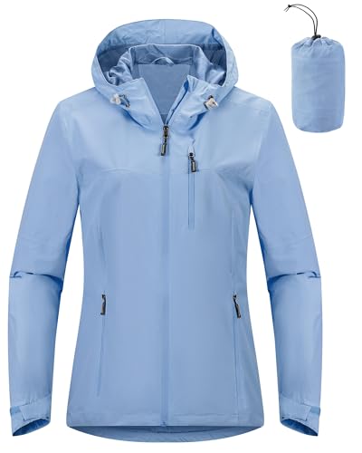 Outdoor Ventures Damen Regenjacke 10000MM Wasserdicht Leichte Gefüttert Packbar Sportjacke Funktionsjacke Atmungsaktiv Fahrrad Jacke mit Kapuze Hellblau 3XL von Outdoor Ventures