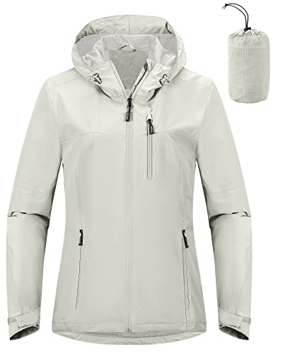 Outdoor Ventures Damen Regenjacke 10000MM Wasserdicht Leichte Gefüttert Packbar Sportjacke Funktionsjacke Atmungsaktiv Fahrrad Jacke mit Kapuze Hellgrau S von Outdoor Ventures