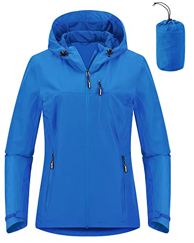 Outdoor Ventures Damen Regenjacke 10000MM Wasserdicht Leichte Gefüttert Packbar Sportjacke Funktionsjacke Atmungsaktiv Fahrrad Jacke mit Kapuze Königsblau 2XL von Outdoor Ventures