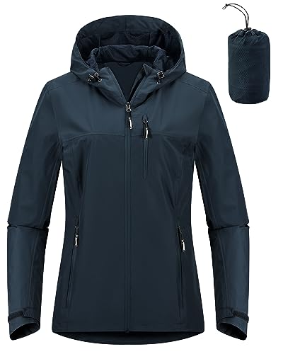 Outdoor Ventures Damen Regenjacke 10000MM Wasserdicht Leichte Gefüttert Packbar Sportjacke Funktionsjacke Atmungsaktiv Fahrrad Jacke mit Kapuze Mitternachtsblau 2XL von Outdoor Ventures