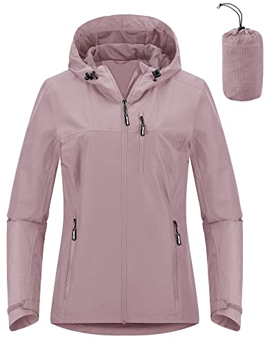 Outdoor Ventures Damen Regenjacke 10000MM Wasserdicht Leichte Gefüttert Packbar Sportjacke Funktionsjacke Atmungsaktiv Fahrrad Jacke mit Kapuze Rosenpulver 2XL von Outdoor Ventures