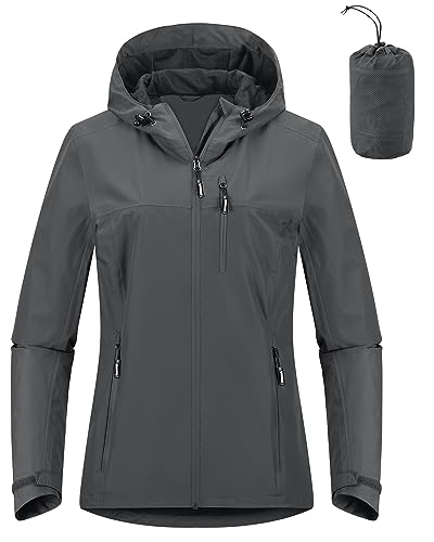 Outdoor Ventures Damen Regenjacke 10000MM Wasserdicht Leichte Gefüttert Packbar Sportjacke Funktionsjacke Atmungsaktiv Fahrrad Jacke mit Kapuze Schlichte Asche 2XL von Outdoor Ventures