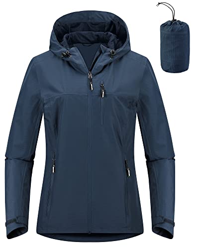 Outdoor Ventures Damen Regenjacke 10000MM Wasserdicht Leichte Gefüttert Packbar Sportjacke Funktionsjacke Atmungsaktiv Fahrrad Jacke mit Kapuze Standard Blau 2XL von Outdoor Ventures