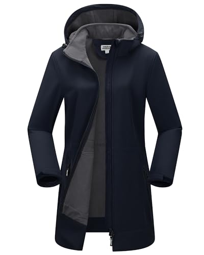 Outdoor Ventures Damen Softshell Lange Jacke mit Kapuze Fleece gefütterte Winddichte Jacke für Frauen Wasserdichte Windjacke Dunkelblau S von Outdoor Ventures