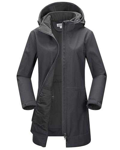 Outdoor Ventures Damen Softshell Lange Jacke mit Kapuze Fleece gefütterte Winddichte Jacke für Frauen Wasserdichte Windjacke Dunkelgrau L Outdoor Ventures Damen Softshell Lange Jacke mit Kapuze Fleece gefütterte Winddichte Jacke für Frauen Wasserdichte Windjacke Dunkelgrau L von Outdoor Ventures