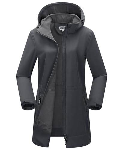 Outdoor Ventures Damen Softshell Lange Jacke mit Kapuze Fleece gefütterte Winddichte Jacke für Frauen Wasserdichte Windjacke Hellgrau M von Outdoor Ventures