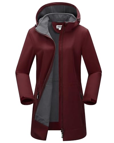 Outdoor Ventures Damen Softshell Lange Jacke mit Kapuze Fleece gefütterte Winddichte Jacke für Frauen Wasserdichte Windjacke von Outdoor Ventures