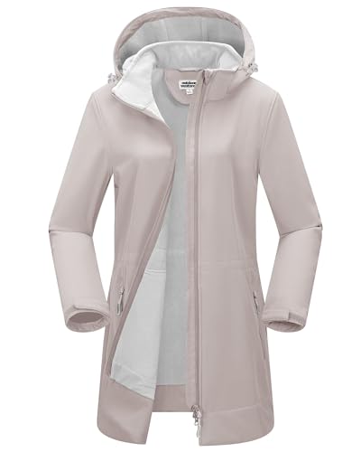 Outdoor Ventures Damen Softshell Lange Jacke mit Kapuze Fleece gefütterte Winddichte Jacke für Frauen Wasserdichte Windjacke Haferrosa 4XL von Outdoor Ventures