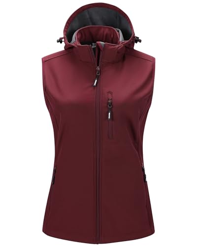Outdoor Ventures Damen Softshell Westen mit Kapuze Leichte Fleece Gefütterte Ärmellose Jacke Wasserdichte Winddichte Weste Vest mit Zip up-Taschen Dunkelrot XL von Outdoor Ventures