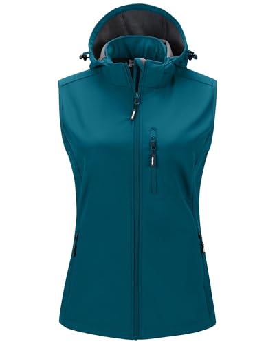 Outdoor Ventures Damen Softshell Westen mit Kapuze Leichte Fleece Gefütterte Ärmellose Jacke Wasserdichte Winddichte Weste Vest mit Zip up-Taschen Dunkles Grünblau XL von Outdoor Ventures