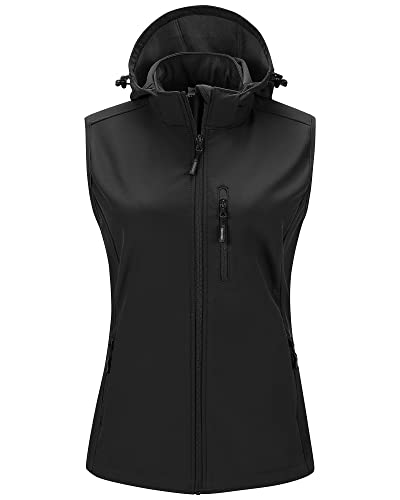 Outdoor Ventures Damen Softshell Westen mit Kapuze Leichte Fleece Gefütterte Ärmellose Jacke Wasserdichte Winddichte Weste Vest mit Zip up-Taschen Schwarz XL von Outdoor Ventures