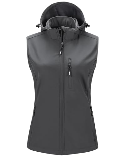 Outdoor Ventures Damen Softshell Westen mit Kapuze Leichte Fleece Gefütterte Ärmellose Jacke Wasserdichte Winddichte Weste Vest mit Zip up-Taschen Stein Grau XL von Outdoor Ventures