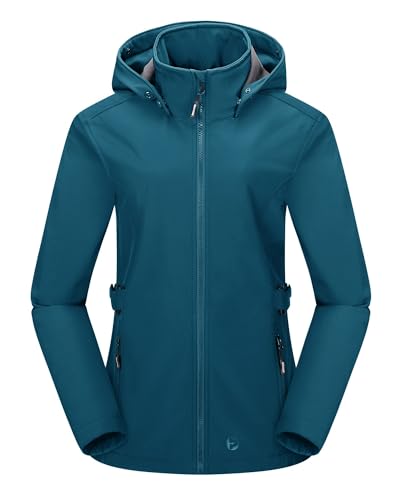 Outdoor Ventures Damen Softshelljacke Kurze Gefütterte Funktionsjacke Wasserdichte Übergangsjacke mit Abnehmbarer Kapuze Regenjacke Outdoor Regenmantel Softshellmantel für Wandern Keramik Blau 2XL von Outdoor Ventures