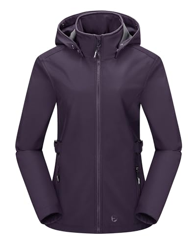 Outdoor Ventures Damen Softshelljacke Kurze Gefütterte Funktionsjacke Wasserdichte Übergangsjacke mit Abnehmbarer Kapuze Regenjacke Outdoor Regenmantel Softshellmantel für Wandern Laufen Lila 2XL von Outdoor Ventures