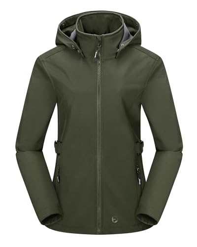 Outdoor Ventures Damen Softshelljacke Kurze Gefütterte Funktionsjacke Wasserdichte Übergangsjacke mit Abnehmbarer Kapuze Regenjacke Outdoor Regenmantel Softshellmantel für Wandern Laufen Oliv-Grün XS von Outdoor Ventures