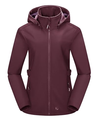 Outdoor Ventures Damen Softshelljacke Kurze Gefütterte Funktionsjacke Wasserdichte Übergangsjacke mit Abnehmbarer Kapuze Regenjacke Outdoor Regenmantel Softshellmantel für Wandern Weinrot L von Outdoor Ventures