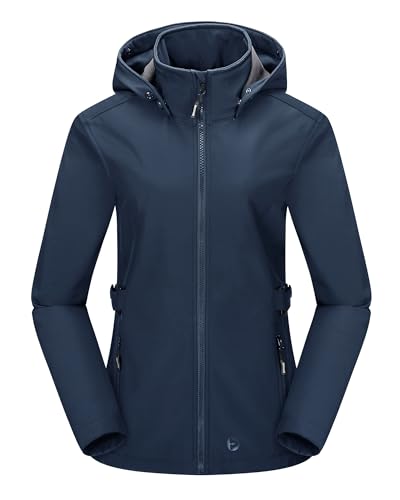 Outdoor Ventures Damen Softshelljacke Kurze Gefütterte Wasserdichte Übergangsjacke mit Abnehmbarer Kapuze Regenjacke Funktionsjacke Outdoor Regenmantel für Wandern Laufen Sporten Navy Blau 2XL von Outdoor Ventures