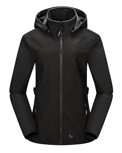 Outdoor Ventures Damen Softshelljacke Kurze Gefütterte Wasserdichte Übergangsjacke mit Abnehmbarer Kapuze Regenjacke Funktionsjacke Outdoor Regenmantel für Wandern Laufen Sporten Schwarzkariert XL von Outdoor Ventures