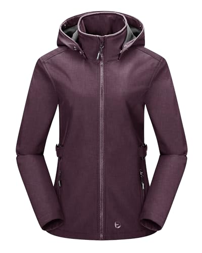 Outdoor Ventures Damen Softshelljacke Kurze Gefütterte Wasserdichte Übergangsjacke mit Abnehmbarer Kapuze Regenjacke Funktionsjacke Outdoor Regenmantel für Wandern Laufen Sporten Violettrot 2XL von Outdoor Ventures