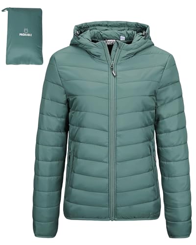 Outdoor Ventures Damen Steppjacke Leichte Packbare Übergangsjacke Warme Winterjacke mit Kapuze für Frauen Gefüttert Pufferjacke mit Taschen für Freizeit Wandern Reisen Achatgrün 2XL von Outdoor Ventures