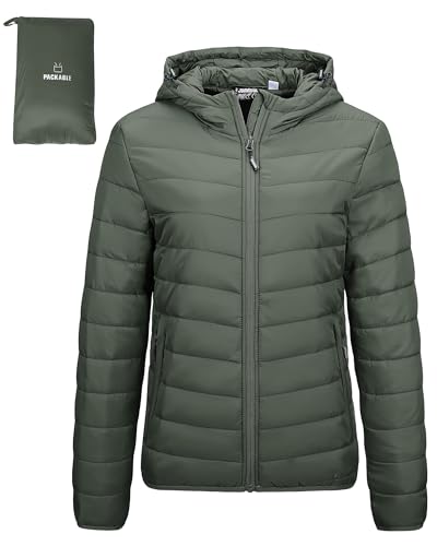 Outdoor Ventures Damen Steppjacke Leichte Packbare Übergangsjacke Warme Winterjacke mit Kapuze für Frauen Gefüttert Pufferjacke mit Taschen für Freizeit Wandern Reisen Armeegrün S von Outdoor Ventures