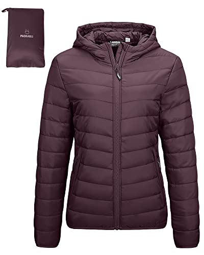 Outdoor Ventures Damen Steppjacke Leichte Packbare Übergangsjacke Warme Winterjacke mit Kapuze für Frauen Gefüttert Pufferjacke mit Taschen für Freizeit Wandern Reisen Aubergine 2XL von Outdoor Ventures