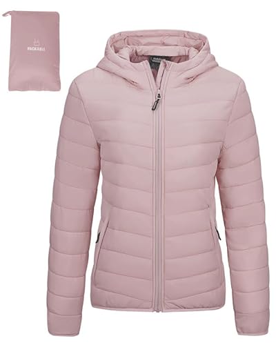 Outdoor Ventures Damen Steppjacke Leichte Packbare Übergangsjacke Warme Winterjacke mit Kapuze für Frauen Gefüttert Pufferjacke mit Taschen für Freizeit Wandern Reisen Blassrosa 3XL von Outdoor Ventures