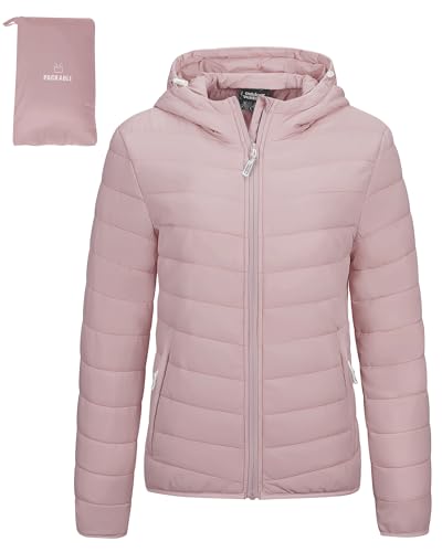 Outdoor Ventures Damen Steppjacke Leichte Packbare Übergangsjacke Warme Winterjacke mit Kapuze für Frauen Gefüttert Pufferjacke mit Taschen für Freizeit Wandern Reisen Blassrosa L von Outdoor Ventures