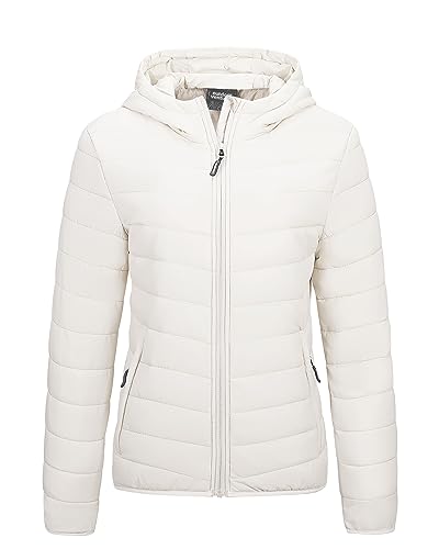 Outdoor Ventures Damen Steppjacke Leichte Packbare Übergangsjacke Warme Winterjacke mit Kapuze für Frauen Gefüttert Pufferjacke mit Taschen für Freizeit Wandern Reisen Creme 2XL von Outdoor Ventures