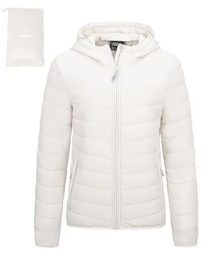 Outdoor Ventures Damen Steppjacke Leichte Packbare Übergangsjacke Warme Winterjacke mit Kapuze für Frauen Gefüttert Pufferjacke mit Taschen für Freizeit Wandern Reisen Creme Weiß XS von Outdoor Ventures