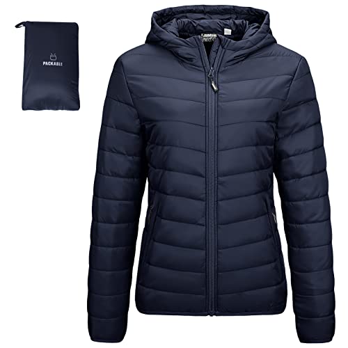 Outdoor Ventures Damen Steppjacke Leichte Packbare Übergangsjacke Warme Winterjacke mit Kapuze für Frauen Gefüttert Pufferjacke mit Taschen für Freizeit Wandern Reisen Dunkelblau 3XL von Outdoor Ventures