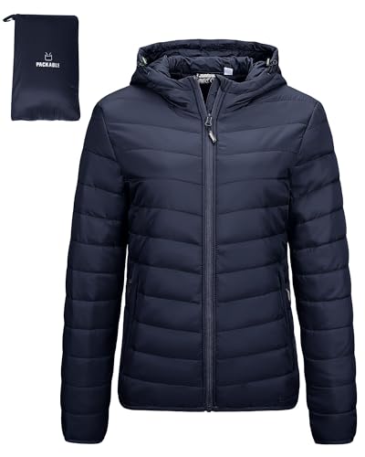 Outdoor Ventures Damen Steppjacke Leichte Packbare Übergangsjacke Warme Winterjacke mit Kapuze für Frauen Gefüttert Pufferjacke mit Taschen für Freizeit Wandern Reisen Dunkelblau S von Outdoor Ventures