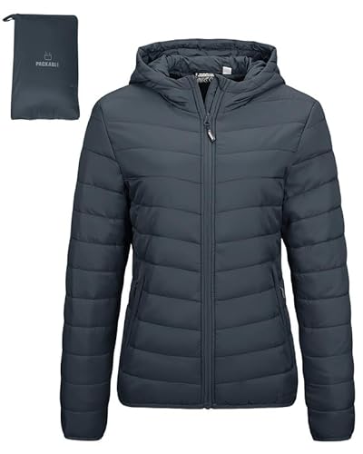 Outdoor Ventures Damen Steppjacke Leichte Packbare Übergangsjacke Warme Winterjacke mit Kapuze für Frauen Gefüttert Pufferjacke mit Taschen für Freizeit Wandern Reisen Dunkelgrau 3XL von Outdoor Ventures