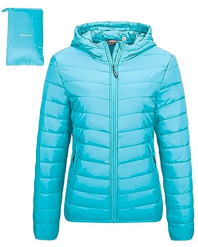 Outdoor Ventures Damen Steppjacke Leichte Packbare Übergangsjacke Warme Winterjacke mit Kapuze für Frauen Gefüttert Pufferjacke mit Taschen für Freizeit Wandern Reisen Hellblau L von Outdoor Ventures