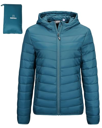 Outdoor Ventures Damen Steppjacke Leichte Packbare Übergangsjacke Warme Winterjacke mit Kapuze für Frauen Gefüttert Pufferjacke mit Taschen für Freizeit Wandern Reisen Keramik Blau L von Outdoor Ventures