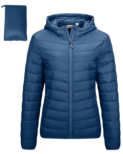 Outdoor Ventures Damen Steppjacke Leichte Packbare Übergangsjacke Warme Winterjacke mit Kapuze für Frauen Gefüttert Pufferjacke mit Taschen für Freizeit Wandern Reisen Navy Blau L von Outdoor Ventures