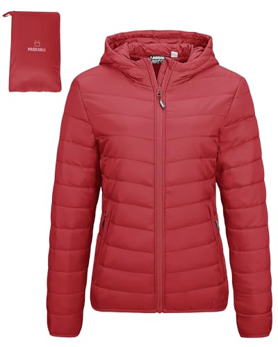 Outdoor Ventures Damen Steppjacke Leichte Packbare Übergangsjacke Warme Winterjacke mit Kapuze für Frauen Gefüttert Pufferjacke mit Taschen für Freizeit Wandern Reisen Rot L von Outdoor Ventures