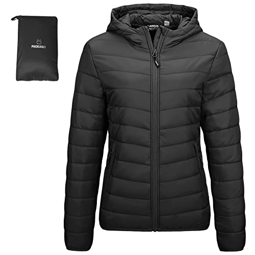 Outdoor Ventures Damen Steppjacke Leichte Packbare Übergangsjacke Warme Winterjacke mit Kapuze für Frauen Gefüttert Pufferjacke mit Taschen für Freizeit Wandern Reisen Schwarz 2XL von Outdoor Ventures