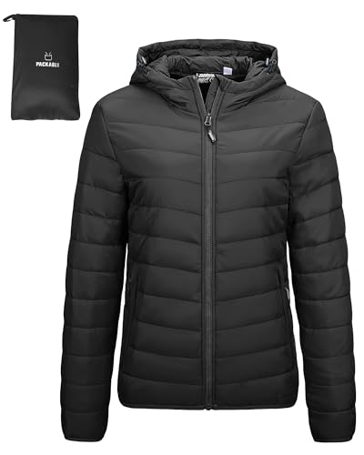 Outdoor Ventures Damen Steppjacke Leichte Packbare Übergangsjacke Warme Winterjacke mit Kapuze für Frauen Gefüttert Pufferjacke mit Taschen für Freizeit Wandern Reisen Schwarz 3XL von Outdoor Ventures