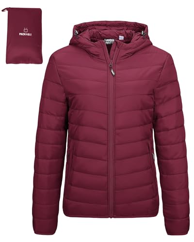 Outdoor Ventures Damen Steppjacke Leichte Packbare Übergangsjacke Warme Winterjacke mit Kapuze für Frauen Gefüttert Pufferjacke mit Taschen für Freizeit Wandern Reisen Weinrot 2XL von Outdoor Ventures