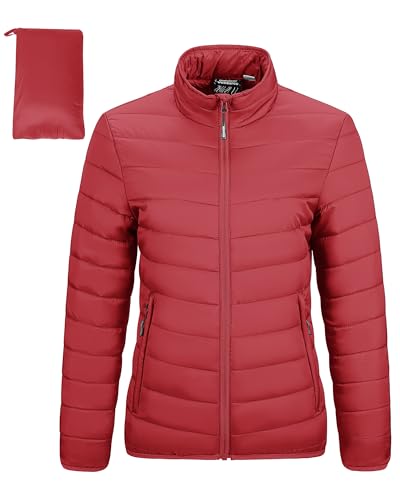 Outdoor Ventures Damen Steppjacke Leichte Warme Packbare Übergangsjacke Puffer Jacke für Frauen Gefüttert Weiche Steppmantel Quilted Coat für Freizeit Wandern Reisen Outdoor Rot L von Outdoor Ventures