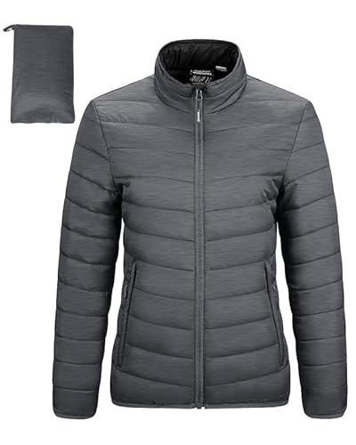 Outdoor Ventures Damen Steppjacke Leichte Warme Packbare Übergangsjacke Puffer Jacke für Frauen Gefüttert Weiche Steppmantel Quilted Coat für Freizeit Wandern Reisen Outdoor Dunkelgrau L von Outdoor Ventures