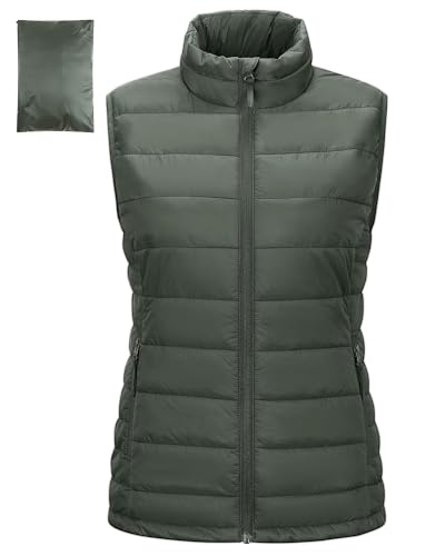 Outdoor Ventures Damen Steppweste Packbare Übergangswesten Gefütterte Hybrid Sportweste Frau Warmer Bodywarmer Fahrradweste mit Stehkragen für Wandern Camping Armeegrün L von Outdoor Ventures