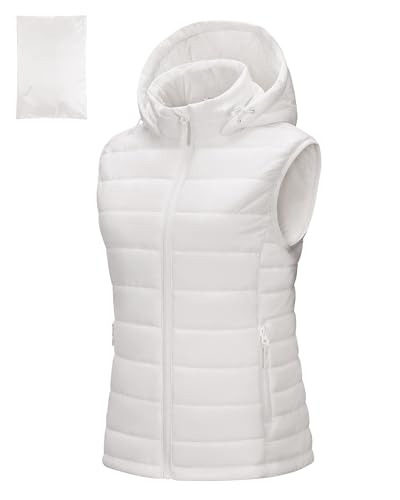Outdoor Ventures Damen Steppweste mit Kapuze Packbare Übergangswesten Gefütterte Hybrid Sportweste Frau Warme Fahrradweste mit Stehkragen für Wandern Camping Creme 2XL von Outdoor Ventures