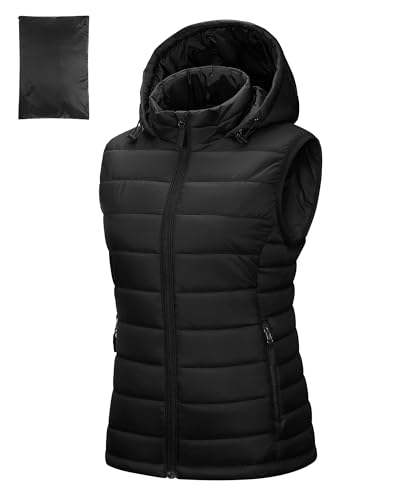 Outdoor Ventures Damen Steppweste mit Kapuze Packbare Übergangswesten Gefütterte Hybrid Sportweste Frau Warme Fahrradweste mit Stehkragen für Wandern Camping Schwarz XL von Outdoor Ventures