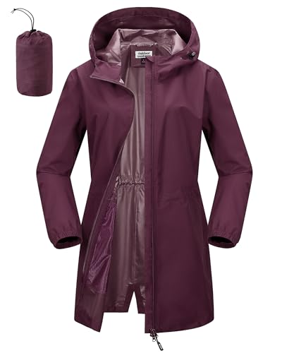 Outdoor Ventures Damen Wasserdicht Regenjacke Lang Windbreaker Übergangsjacke Leichte Atmungsaktiv Outdoorjacke Raincoat Regenparka mit Kapuze Burgunderrot XXL von Outdoor Ventures