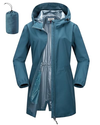 Outdoor Ventures Damen Wasserdicht Regenjacke Lang Windbreaker Übergangsjacke Leichte Atmungsaktiv Outdoorjacke Raincoat Regenparka mit Kapuze Keramikblau XL von Outdoor Ventures