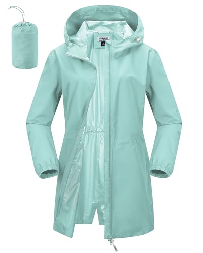 Outdoor Ventures Damen Wasserdicht Regenjacke Lang Windbreaker Übergangsjacke Leichte Atmungsaktiv Outdoorjacke Raincoat Regenparka mit Kapuze Mintgrün XL von Outdoor Ventures